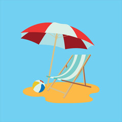 Vector Beach Chair, Yellow Umbrella and Ball, Summer holiday, Time to travel concept. Eps 10 Vector.