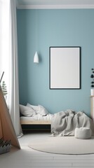 a blank canvas frame hanging above a bedroom baby girl in empty room scandanavian style calming and introspective aesthetic interior design generative ai