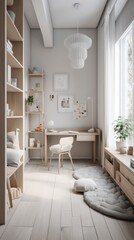 modern baby bed room in the style of scandinavian minimalism in green warm tone, calming and introspective aesthetic interior design generative ai