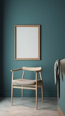a blank frame hanging above a wooden chair in empty room, in the style of calming and introspective aesthetic interior design generative ai