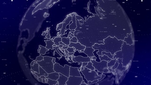 A cinematic video background showcases a digital globe rotating, zooming in on Ukraine country. Data analysis Technology Globe rotating on Ukraine Country data analysis technological background