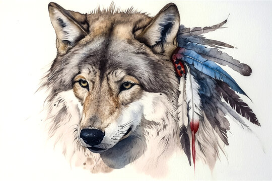 watercolor illustration a wolf donning ceremonial feathers ai generation