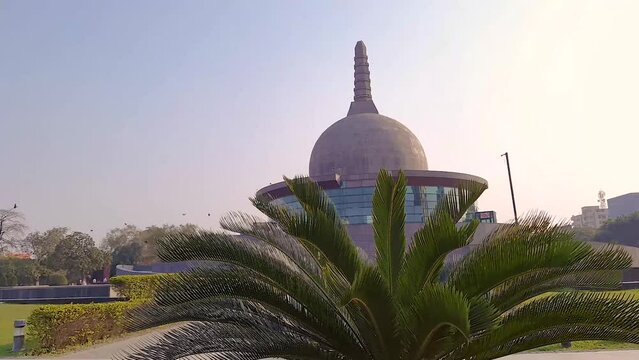 buddha stupa with bright blue sky at morning from flat angle video is taken at buddha park patna bihar india on Apr 15 2022.