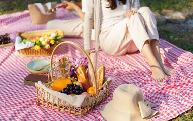 Picnic Lunch Meal Outdoors Park with food picnic basket. enjoying picnic time in park nature outdoor