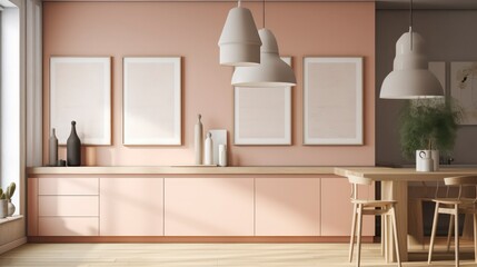 Fototapeta na wymiar modern dining room in the style of minimalism in soft pink colour, calming and introspective aesthetic interior design generative ai