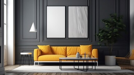 a blank canvas poster in a modern living room in the style of scandinavian minimalism, calming and introspective aesthetic interior design generative ai
