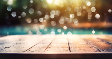 Empty bar counter by the pool or on the beach, blurred background of the pool and garlands, blur and bokeh