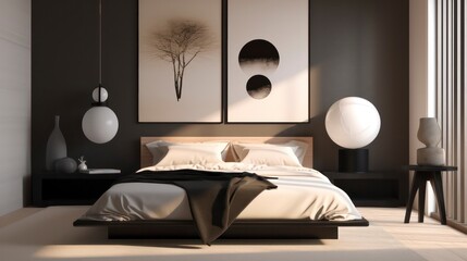 modern bed room in the style of japanese minimalism, calming and introspective aesthetic interior design  generative ai