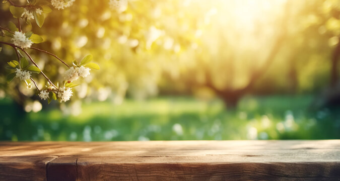 Empty wooden table top, texture board, on a blurred background of an orchard, trees in blurred bokeh