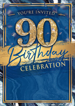 90th Blue and Gold Birthday Party Invitation Template Design