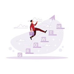 Young businessman walking on stacked blocks. Concept of increasing business growth. Trend Modern vector flat illustration.