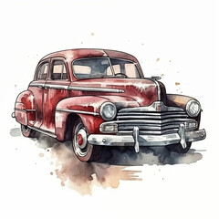 Old retro car. Watercolor illustration in sketch style. Car, transport, vintage. To create postcards, posters for printing, prints. AI generated.