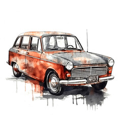 Obraz na płótnie Canvas Old retro car. Watercolor illustration in sketch style. Car, transport, vintage. To create postcards, posters for printing, prints. AI generated.