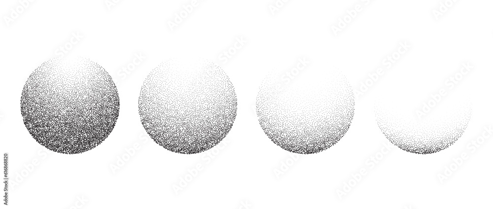 Poster Spheres set with textured gradient. Black dotted circles collection. Stippled round elements pack. Fading noise grain dot work shapes. Vanishing halftone effect illustration bundle. Vector 