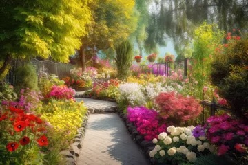 Schilderijen op glas Paradise garden full of flowers, beautiful idyllic background with many flowers in Eden © Kien