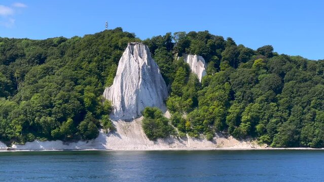 The very famous chalk cliffs of the R&uuml;gen Island in Germany with the K&ouml;nigsstuhl vantage point, viewed from the baltic sea