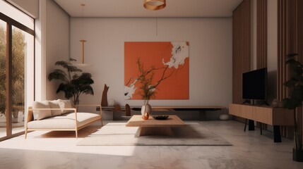 modern living room in the style of japanese minimalism with orange warm tone, calming and introspective aesthetic interior design generative ai