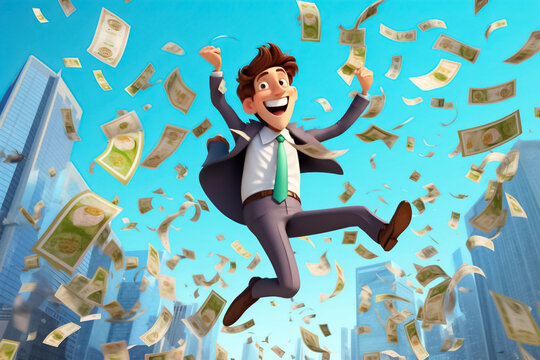 a joyful 3D rendering, millionaire individuals leap with happiness among floating dollar banknotes, creating a vibrant display of wealth and prosperity. generative AI.