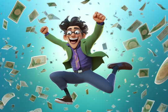 a joyful 3D rendering, millionaire individuals leap with happiness among floating dollar banknotes, creating a vibrant display of wealth and prosperity. generative AI.
