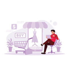 Young man sitting relaxed with a laptop, opens an online shopping web and buys a dress. Trend Modern vector flat illustration.