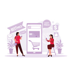 Two women are sitting and standing, opening smartphones, and opening an online retail business omni channel application. Trend Modern vector flat illustration.