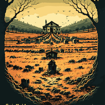 Cemetery, vector, hand drawing, cinematic