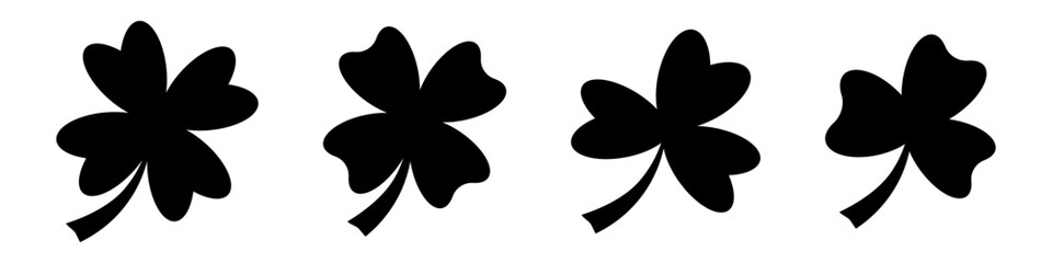 Set of three and four leaves clovers icons. Clovers black silhouette. Vector illustration isolated on white background.