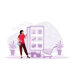 Young women shop for clothes, shoes, and bags on online shopping websites using smartphones. Trend Modern vector flat illustration.