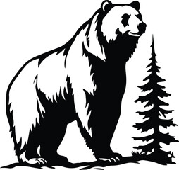 Grizzly Bear In A Forest Logo Monochrome Design Style