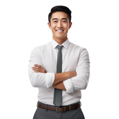 Young handsome asian man happy face smiling with crossed arms looking at the camera. Positive Successful businessman, isolated on white transparent background, ai generate - obrazy, fototapety, plakaty
