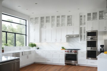 Fototapeta na wymiar Luxurious Kitchen with Wood Flooring,Cabinet,and Window, generative ai