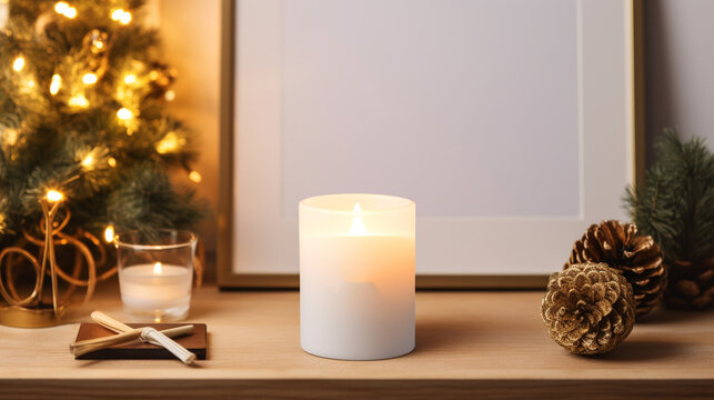 Blank Gold Photo frame Mockup with candles and Christmas ornaments and Christmas tree on wooden desk.Minimalist Christmas.Scandinavian Christmas decoration.Hygge style made with Generative AI.