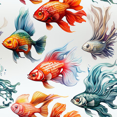 Fototapeta premium Different Types of Aquarium Fishes Seamless Pattern Mad With Generative AI