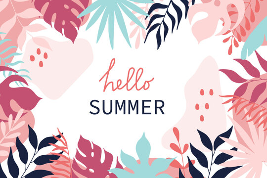 Hello summer banner. Tropical background with palm leaves. Jungle vector illustration.