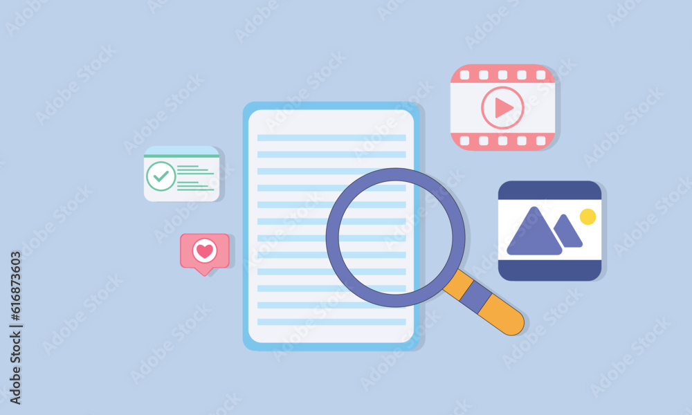 Poster search icon concept of media file management. searching image and video files in database.on blue ba