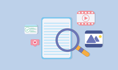 Search icon concept of media file management. searching image and video files in database.on blue background