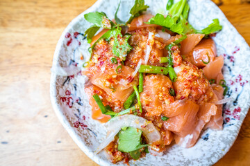 salmon sashimi with spicy sauce in Japanese restaurant, Japanese Food