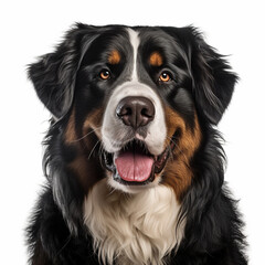 Illustration, AI generation. Bernese Mountain Dog  face shot , isolated on white background. Pet, dog.