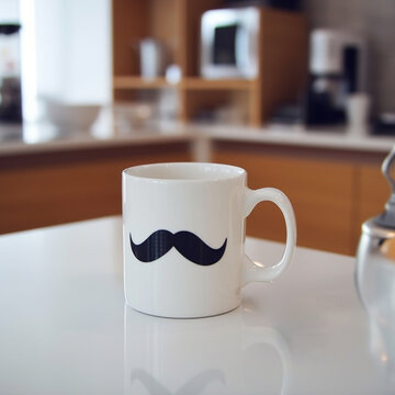 Illustrations, AI generation. white mug with a painted mustache on the table against the background of the kitchen.