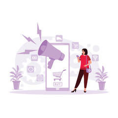 Beautiful girl with a smartphone accessing an online shopping platform. Digital omni app and online shopping. Trend Modern vector flat illustration.