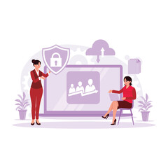 Two businesswomen analyze management concepts, online documentation databases, and file access systems. Trend Modern vector flat illustration.