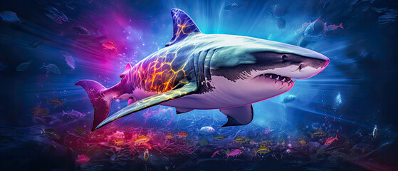 Fototapeta na wymiar Illustration of a colorful neon great white shark cruising around an ocean reef looking for food. A top of the food chain predator.
