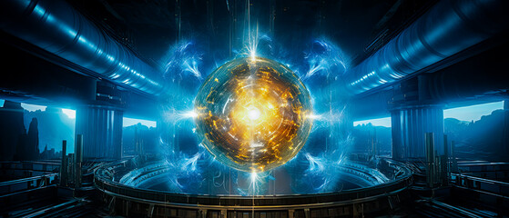 Futuristic illustration of a nuclear fusion power station in a city.  Replicating the sun it provides renewable, environmentally sustainable electric energy to society.