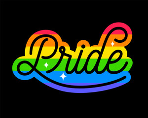 Pride typography design with rainbow background for Pride month.