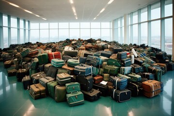Big mass with baggage at the airport. Generative AI.