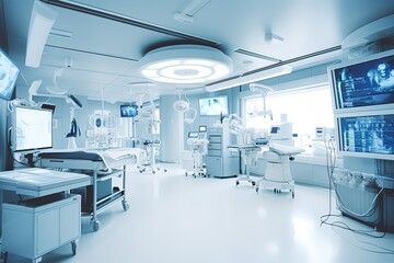 Equipment and medical devices in modern operating room. Generative AI.