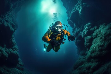 Scuba deep sea diver swimming in a deep ocean cavern. Generative AI.