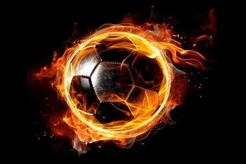 Football ball in fire. Generative AI.
