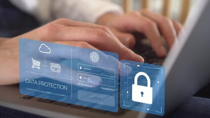 Closeup scene of woman typing in the office and doing online payment with digital wallet and secure login, safety Data protection, VPN, Internet cyber security, Cyber crime protection