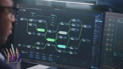 African American software engineer looks at computer screen with displayed big data server and blockchain network, monitors real-time analysis charts in monitoring office. Concept of cyber security. - Powered by Adobe